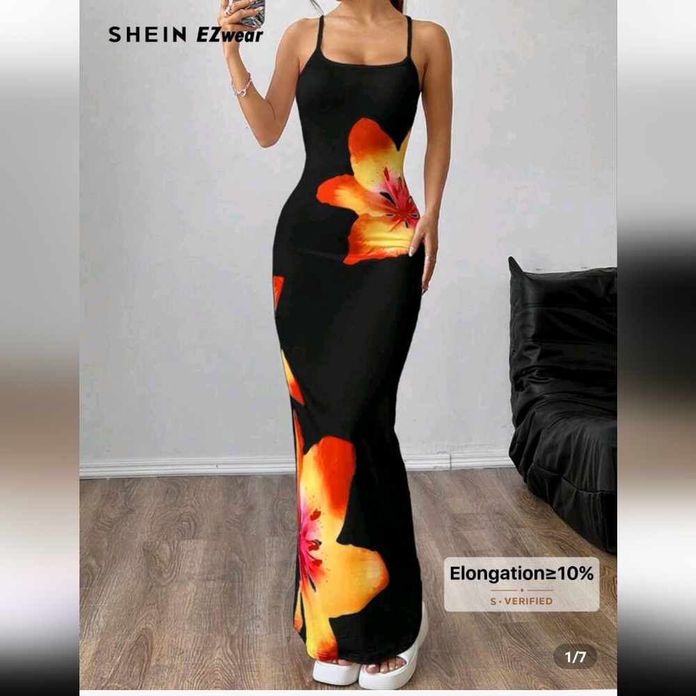 Black Maxi Skirt with Orange Floral Design
